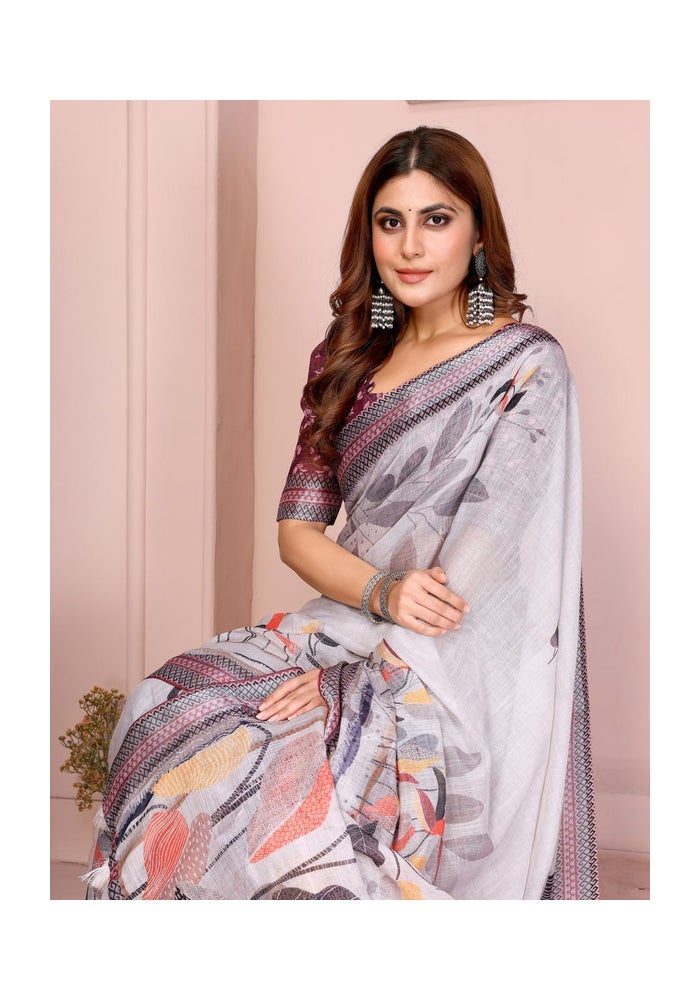 Malishka Export Linen Cotton Grey Saree for Women - Image 5